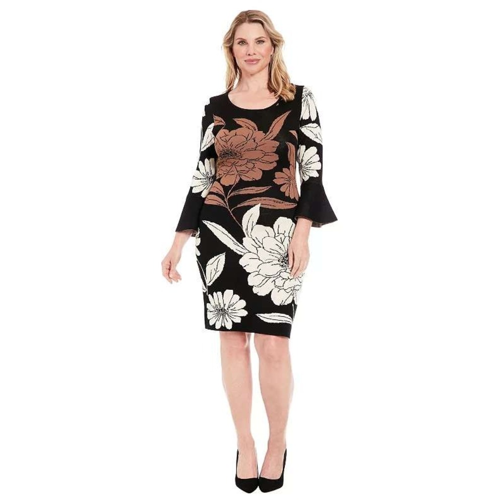 London Times NWT Womens Black Tan Floral Bell Sleeve Knit Sheath‎ Dress S
